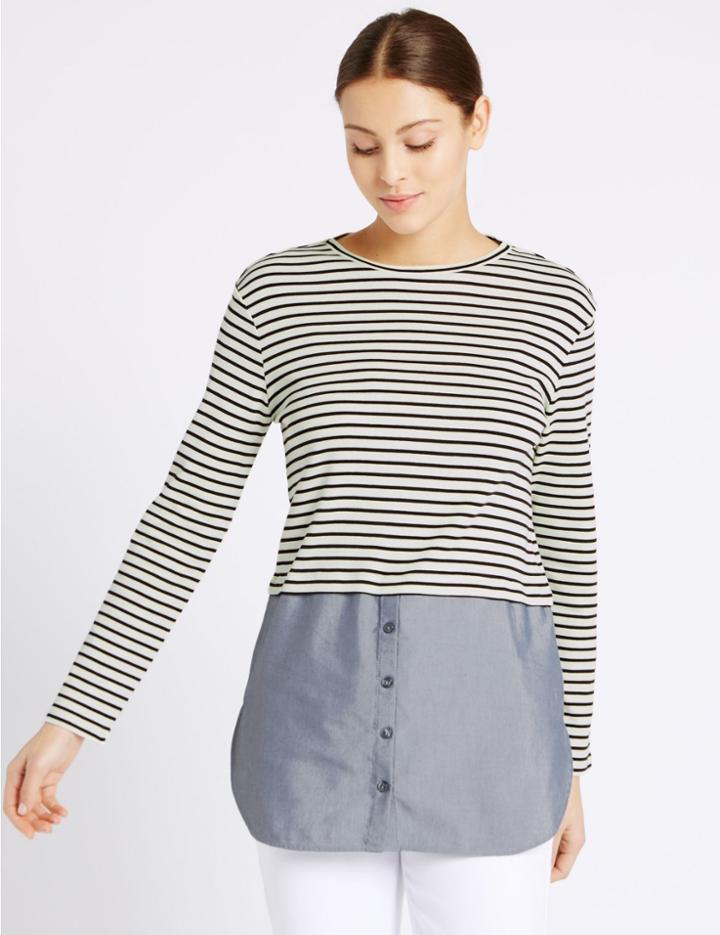 Marks & Spencer Pure Cotton Striped Long Sleeve T-shirt Navy Mix