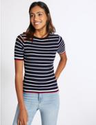 Marks & Spencer Striped Short Sleeve Round Neck Jumper Navy Mix