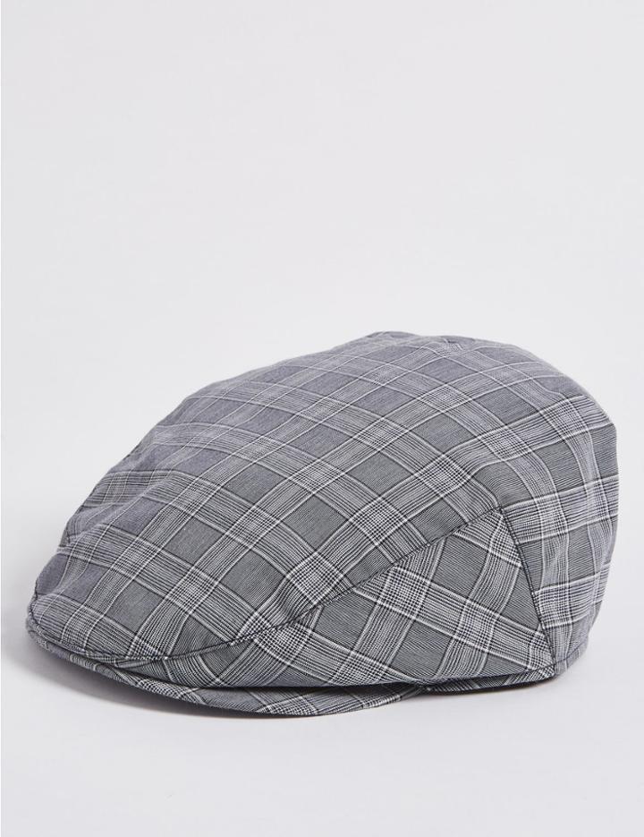 Marks & Spencer Cotton Rich Windowpane Flat Cap Navy Mix