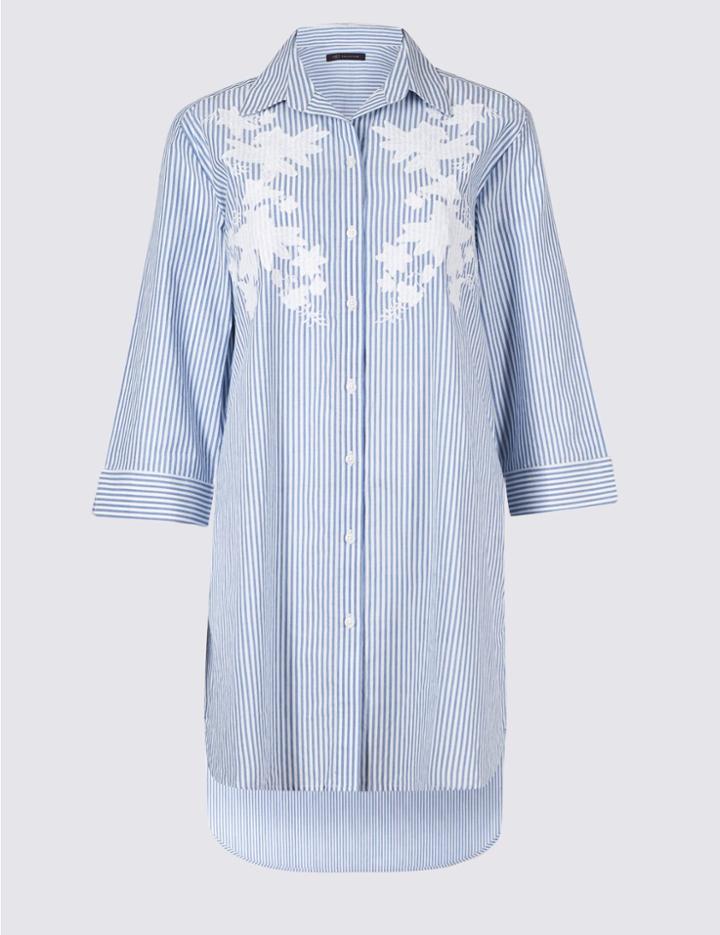 Marks & Spencer Pure Cotton Floral Applique Shirt Dress Blue Mix