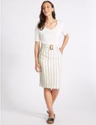 Marks & Spencer Linen Blend Striped Pencil Skirt Ivory Mix