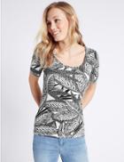 Marks & Spencer Pure Cotton Leaf Print Half Sleeve T-shirt Black/white