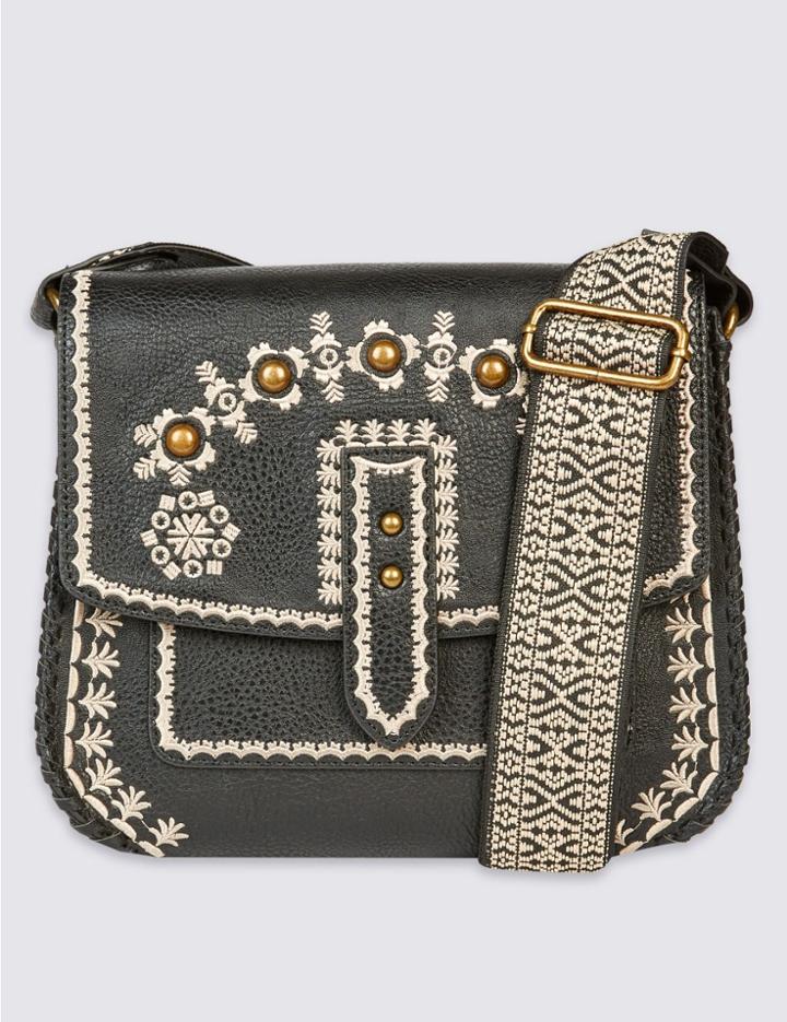 Marks & Spencer Faux Leather Embroidered Across Body Bag Black Mix