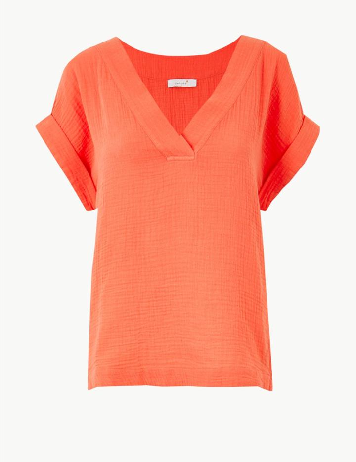 Marks & Spencer Pure Cotton Textured Short Sleeve T-shirt Dusty Apricot