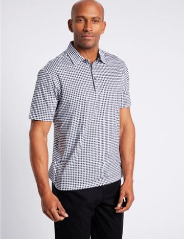 Marks & Spencer Pure Cotton Checked Polo Shirt Navy