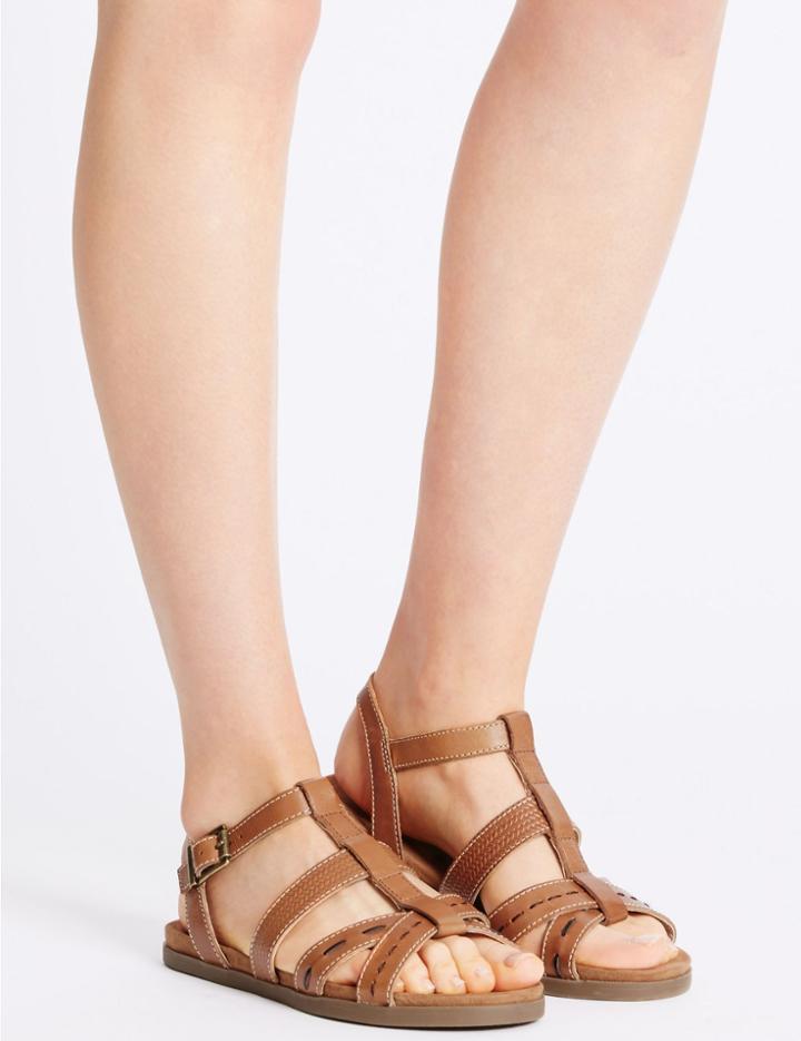Marks & Spencer Leather Embossed Sandals With Footglove&trade; Tan