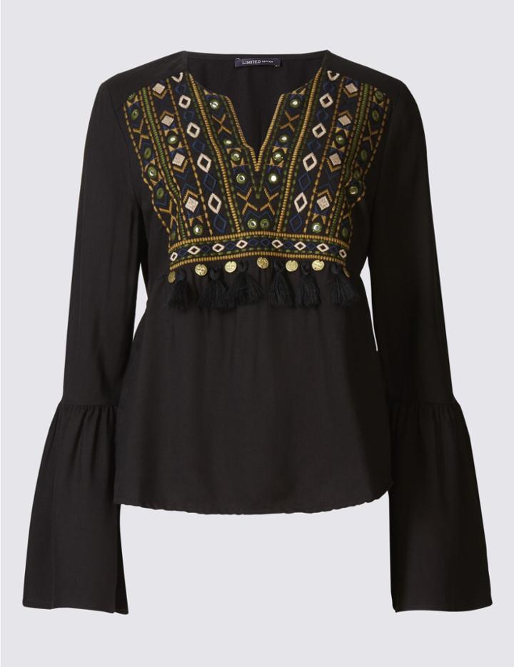 Marks & Spencer Embroidered Notch Neck Blouse Black Mix