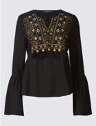 Marks & Spencer Embroidered Notch Neck Blouse Black Mix