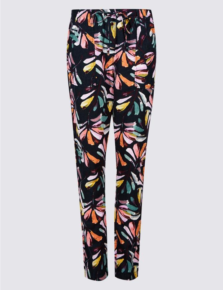 Marks & Spencer Linen Rich Floral Print Tapered Leg Trousers Navy Mix