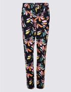 Marks & Spencer Linen Rich Floral Print Tapered Leg Trousers Navy Mix