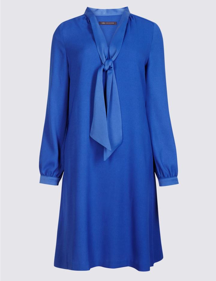 Marks & Spencer Tie Neck Long Sleeve Swing Dress Blue