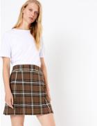 Marks & Spencer Checked Pleat Front Mini Skirt Brown Mix