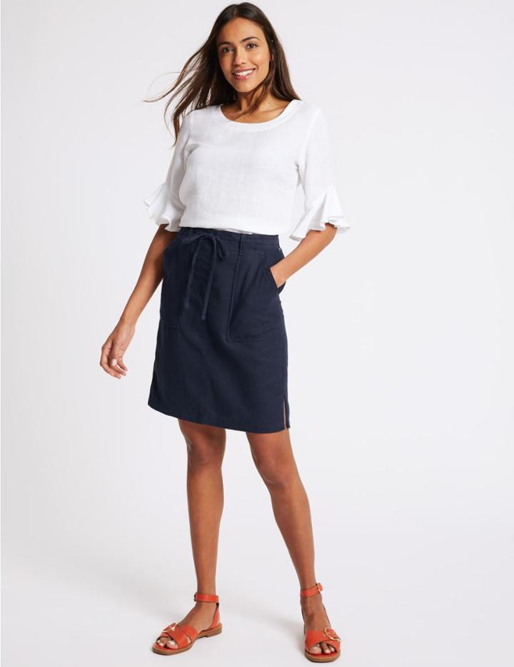 Marks & Spencer Linen Rich Pencil Midi Skirt Navy