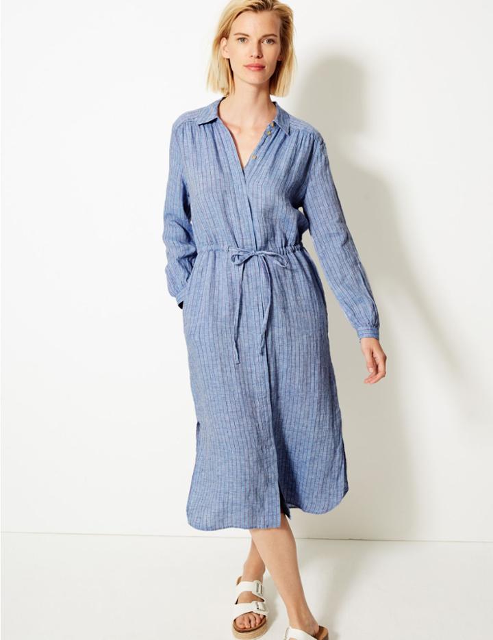 Marks & Spencer Pure Linen Striped Shirt Midi Dress Chambray Mix