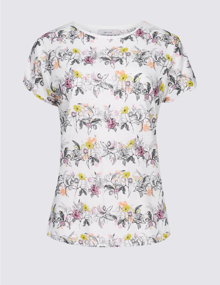 Marks & Spencer Cotton Blend Floral Print Short Sleeve Top Ivory Mix
