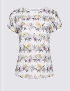 Marks & Spencer Cotton Blend Floral Print Short Sleeve Top Ivory Mix