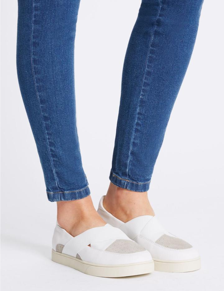 Marks & Spencer Wide Fit Leather Pull On Trainers White Mix