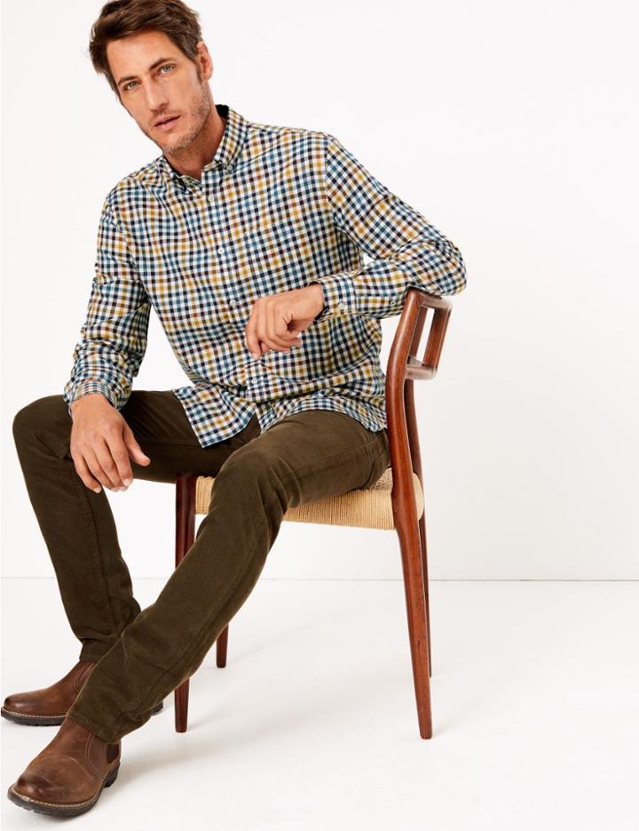 Marks & Spencer Cotton Blend Checked Shirt White Mix