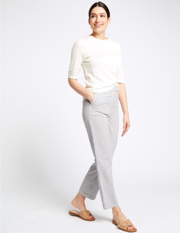 Marks & Spencer Pure Cotton Striped Seersucker Trousers Navy Mix