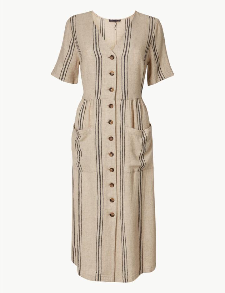 Marks & Spencer Striped Short Sleeve Waisted Midi Dress Natural Mix