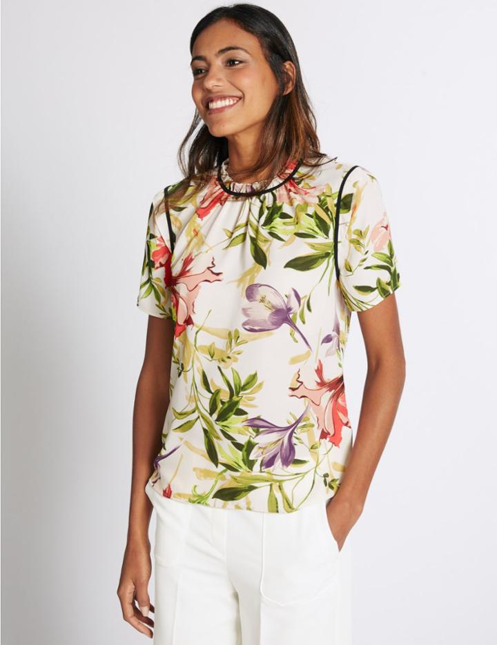 Marks & Spencer Floral Print Round Neck Short Sleeve Blouse Ivory Mix