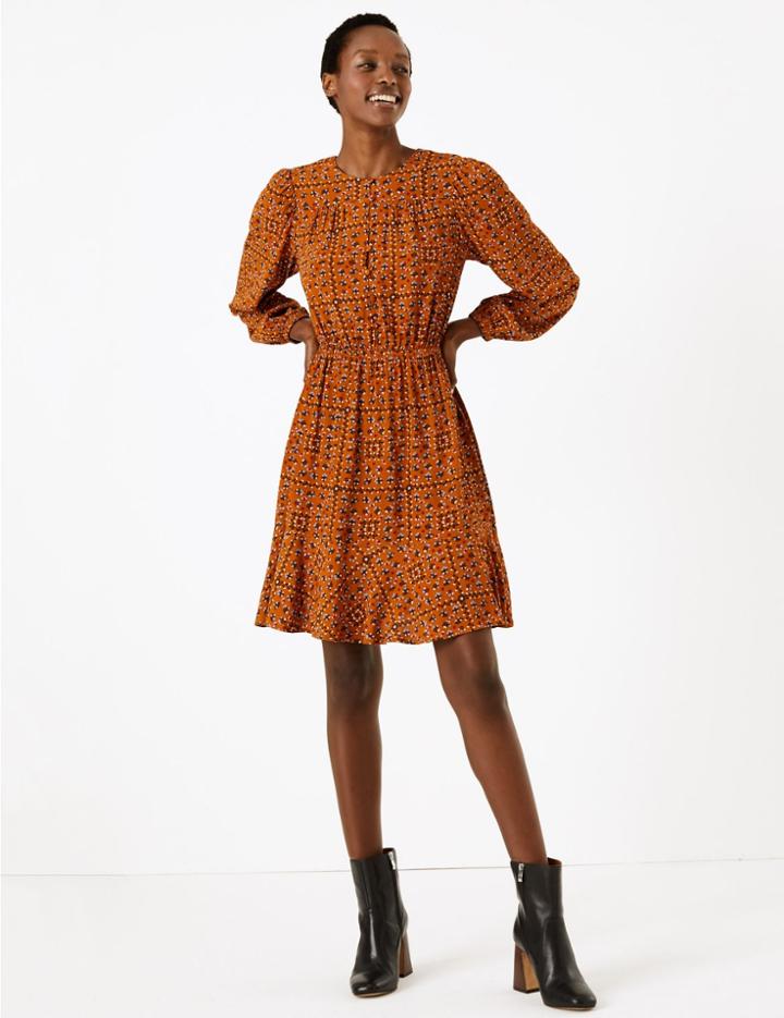 Marks & Spencer Tile Ditsy Print Waisted Mini Dress Brown Mix