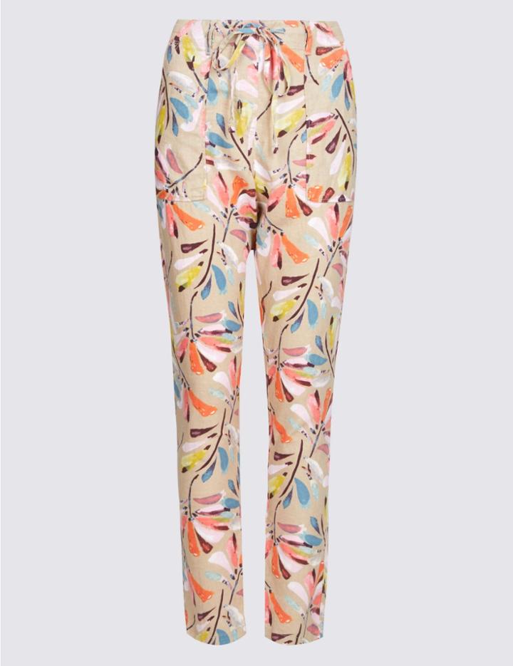 Marks & Spencer Linen Rich Printed Peg Trousers Multi