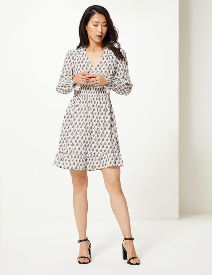 Marks & Spencer Floral Print Cuff Detail Waisted Dress Ivory Mix