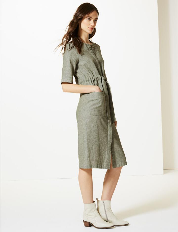 Marks & Spencer Textured Short Sleeve Shift Midi Dress Khaki