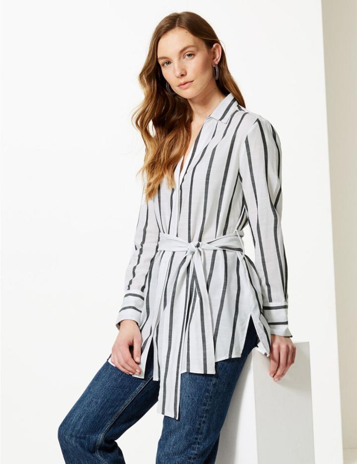 Marks & Spencer Striped Long Sleeve Shirt Grey Mix
