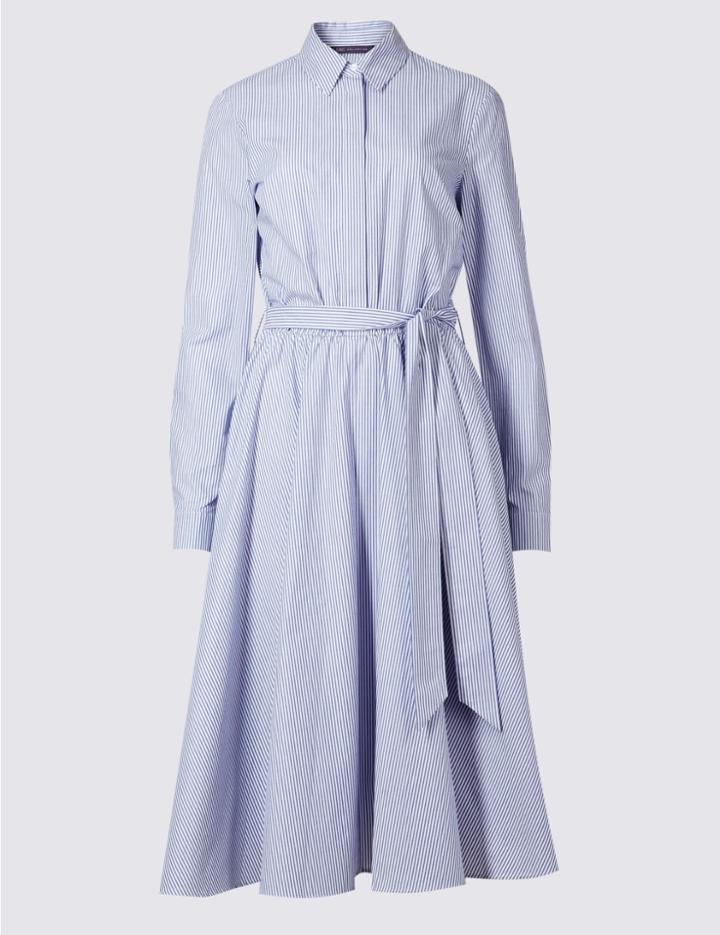Marks & Spencer Pure Cotton Striped Long Sleeve Shirt Dress Multi