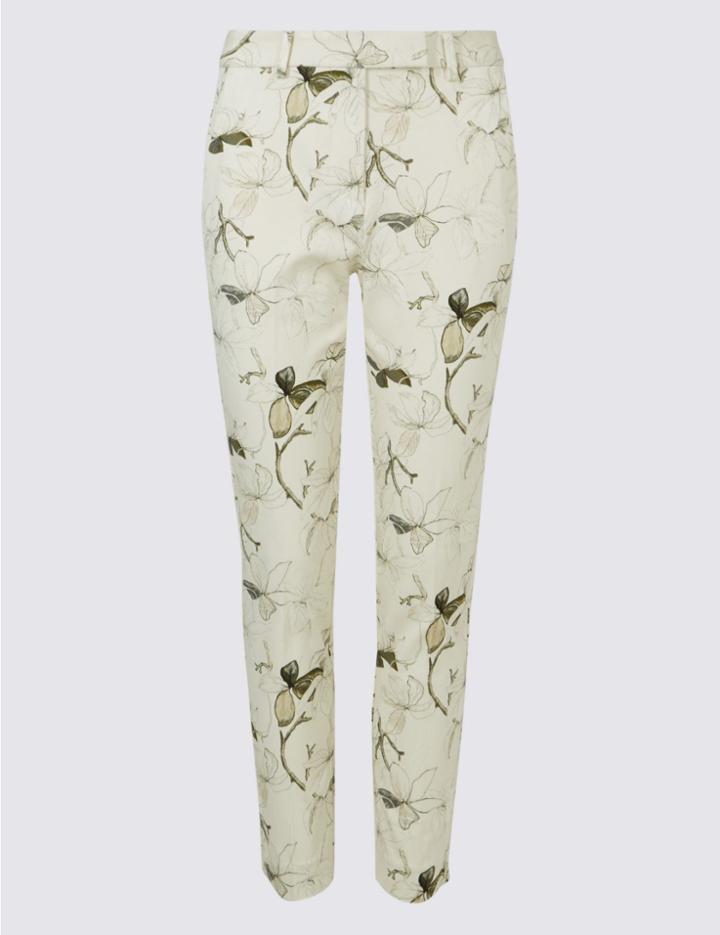 Marks & Spencer Cotton Blend Floral Print Trousers Multi/neutral