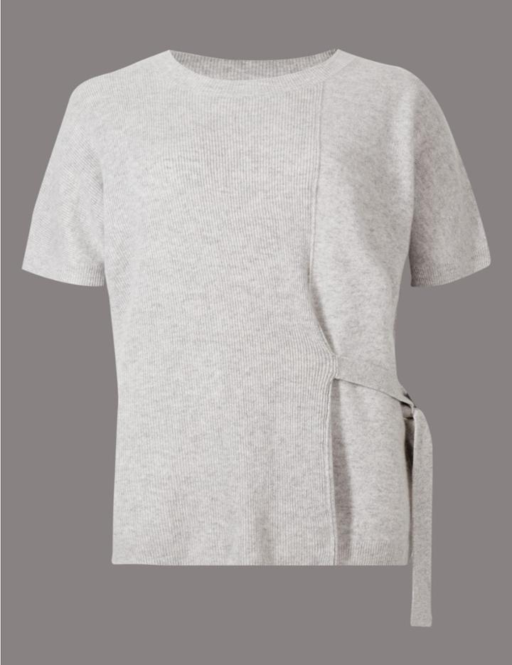 Marks & Spencer Pure Cashmere Side Tie Short Sleeve Jumper Silver Grey