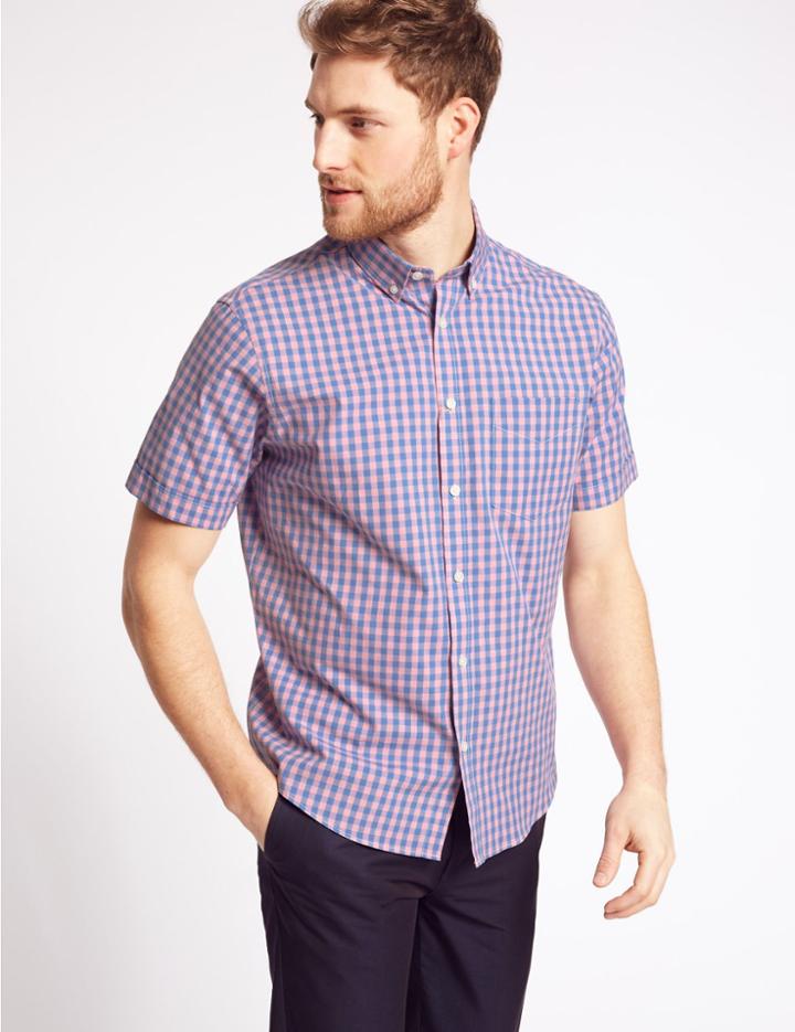 Marks & Spencer Pure Cotton Checked Shirt With Pocket Pink