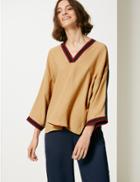Marks & Spencer Textured V-neck Long Sleeve Blouse Camel Mix