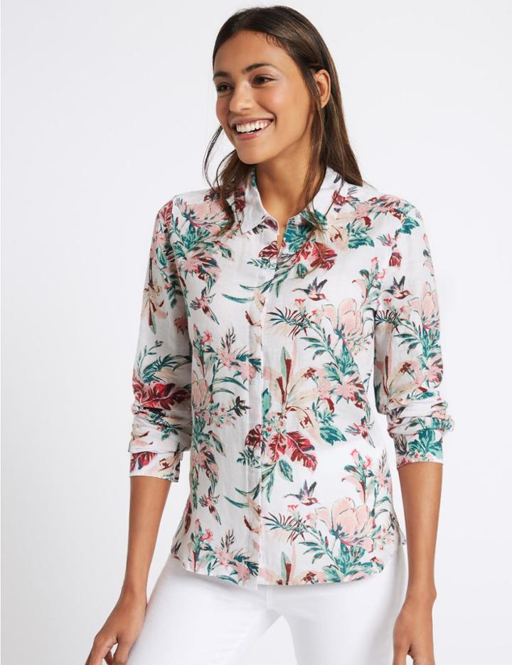 Marks & Spencer Linen Rich Floral Print Shirt Ivory Mix
