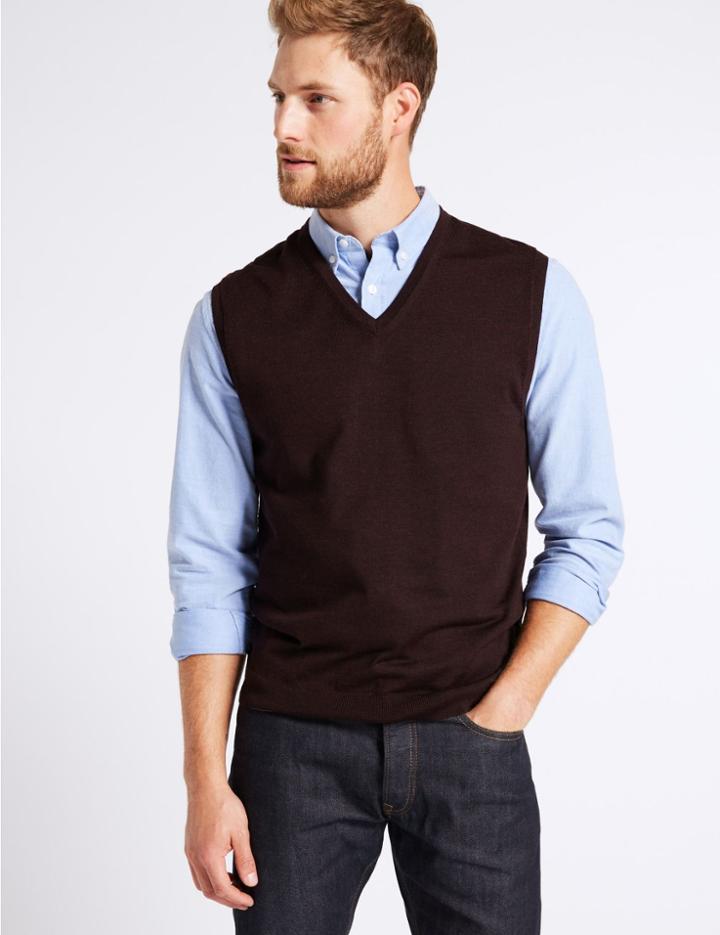 Marks & Spencer Pure Merino Wool Sleeveless Jumper Burgundy