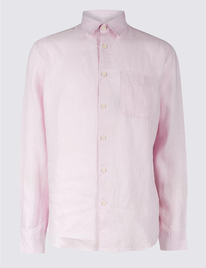 Marks & Spencer Pure Linen Shirt With Pocket Pink