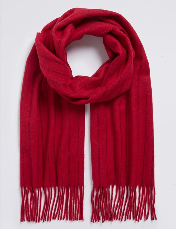 Marks & Spencer Tonal Pinstripe Wool Woven Scarf Red