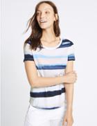Marks & Spencer Pure Cotton Watercolour Stripe T-shirt Blue Mix