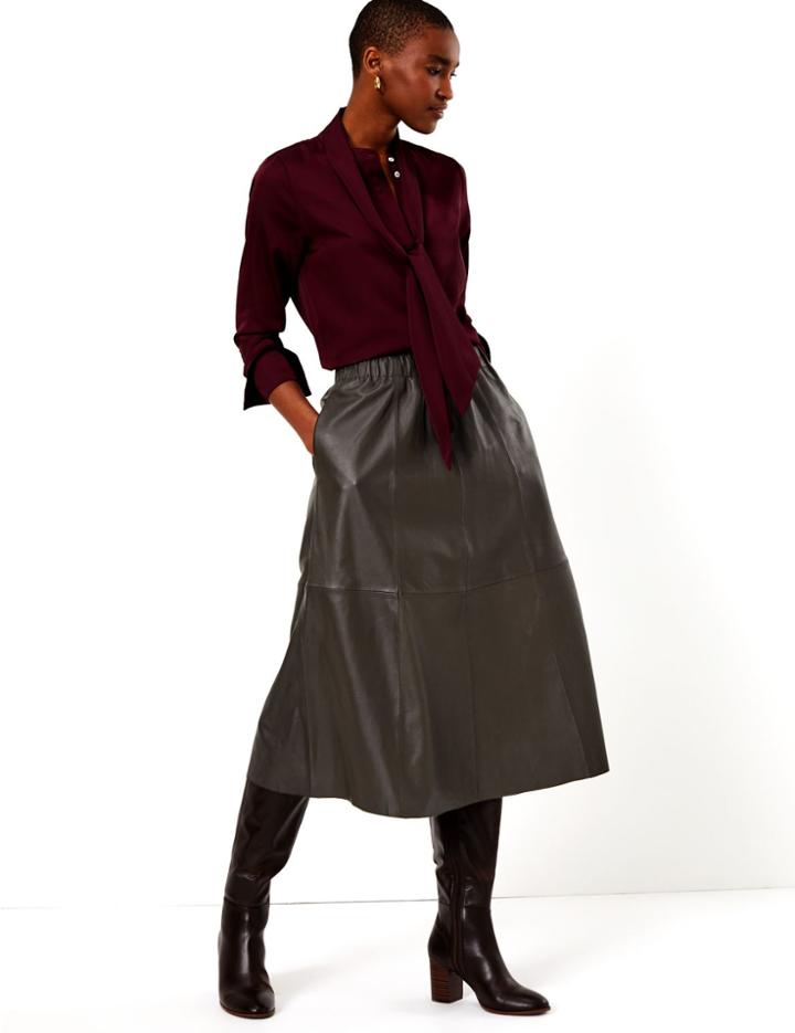 Marks & Spencer Leather A-line Midi Skirt Rich Brown