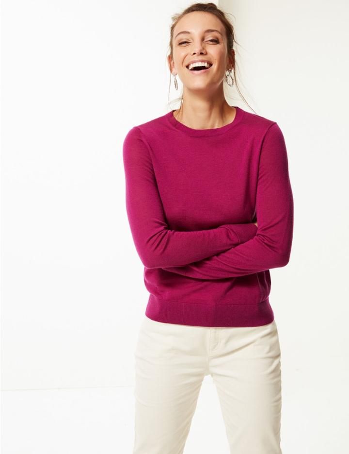 Marks & Spencer Pure Merino Wool Round Neck Jumper Magenta