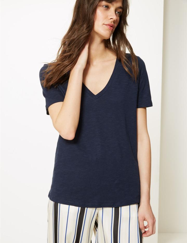 Marks & Spencer Cotton Rich V-neck Straight Fit Slub T-shirt Navy