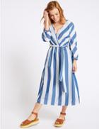 Marks & Spencer Petite Pure Cotton Striped Wrap Midi Dress Navy Mix