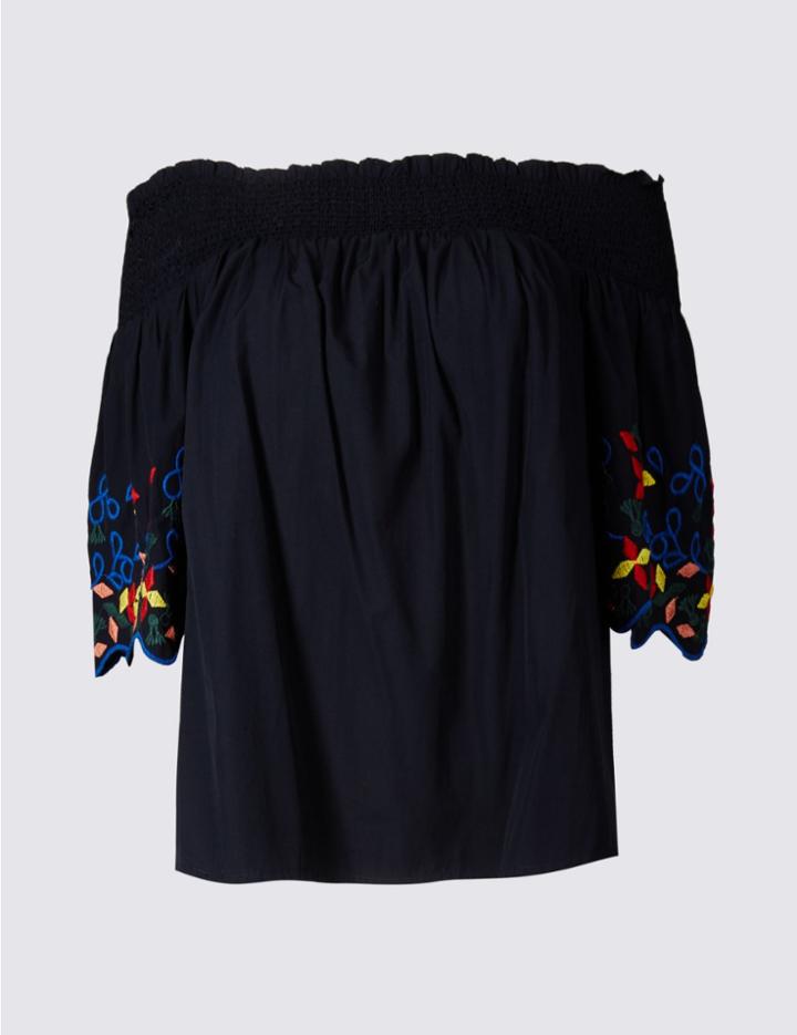 Marks & Spencer Petite Embroidered Bardot Blouse Navy