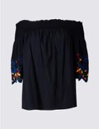 Marks & Spencer Petite Embroidered Bardot Blouse Navy
