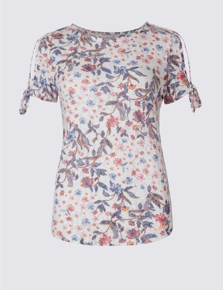 Marks & Spencer Floral Burnout Print Tie Sleeve T-shirt Ivory Mix