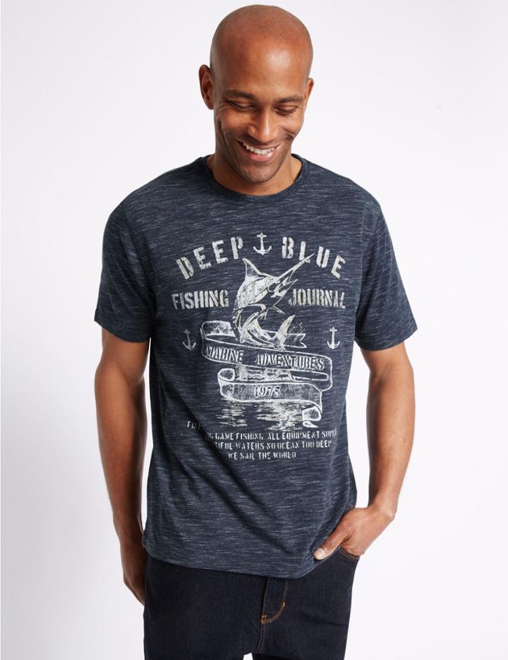 Marks & Spencer Cotton Blend Printed Crew Neck T-shirt Denim Mix