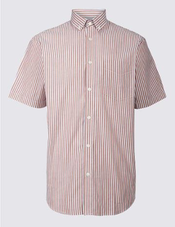 Marks & Spencer Pure Cotton Striped Shirt With Pocket Coral