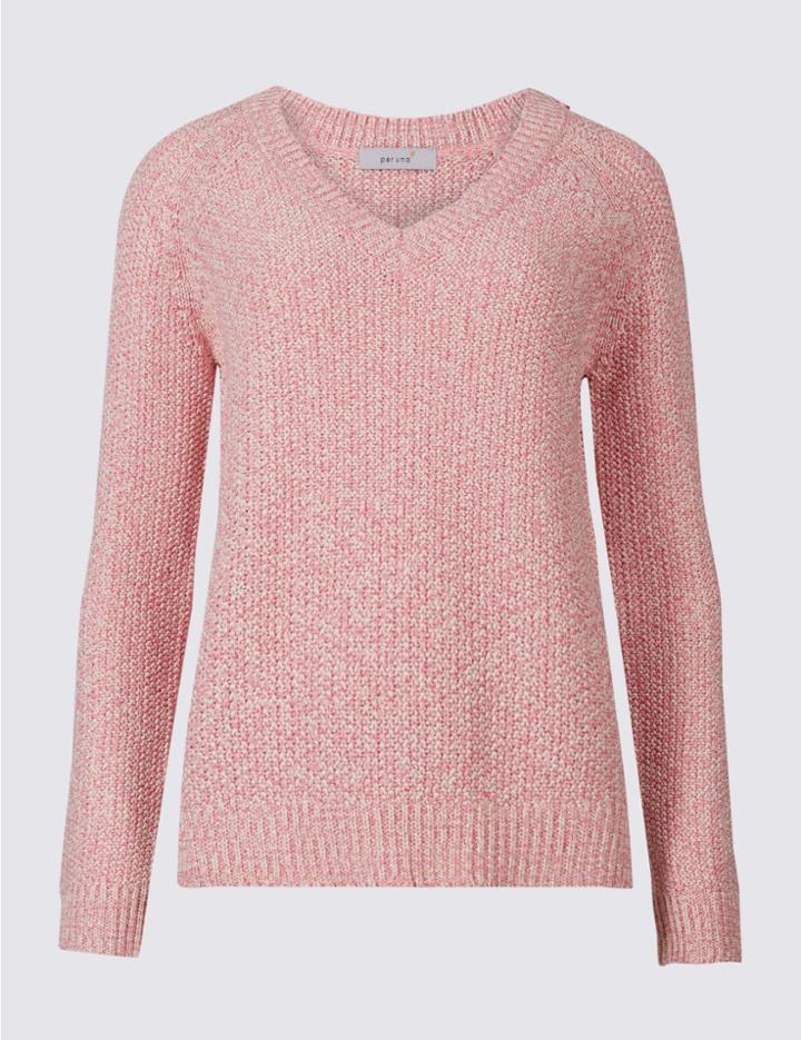 Marks & Spencer Cotton Blend Textured V-neck Jumper Powder Pink